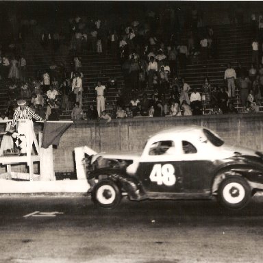 Ralph Harpe winning at Bowman Gray date unk. This car is demolished in a wreck at N. Wilkesboro the next day.