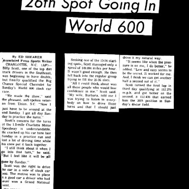 BILLY SCOTT STARTS 26TH IN 1973 WORLD 600