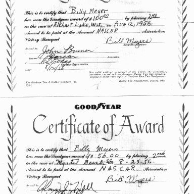 Billy Myers Goodyear Tire Certificates - I think the MB Cert. is from the last season at Coastal Speedway.  Pretty sure Rambi opened in 57.