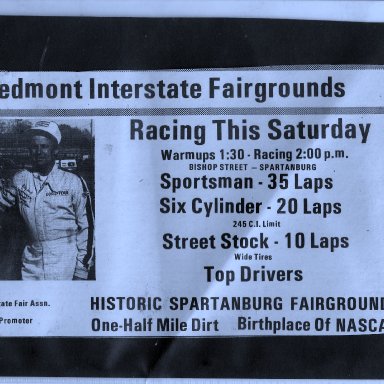 Ad For The Old Spartanburg Fairgrond Speedway 1970S'