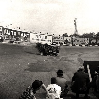 Movie "HELL ON WHEELS"filmed at NFS..1966.Stunt driver flipping PB Crowell's over & catching fire..(photo courtesy:Steve Cavanah)