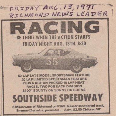 SOUTHSIDE SPEEDWAY ADVERTISEMENT PHOTO 1A  FRIDAY AUG.13,1971 RICHMOND NEWS LEADER