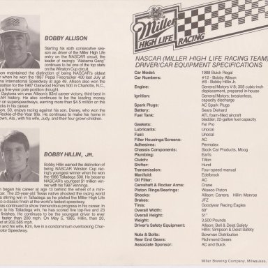 #12 BOBBY ALLISON,#8 BOBBY HILLIN,JR., MILLER HIGH LIFE RACING BUICK,1988 NASCAR WINSTON CUP  002