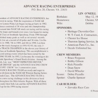 LIN O'NEILL #1VA. HERITAGE CHEVROLET-GEO LATE MODEL STOCK CLASS, WINSTON RACING SERIES 1994 RACE DRIVER POSTCARD (STATS ON BACK)