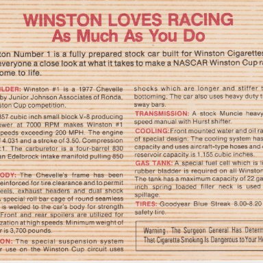 WINSTON NUMBER 1 SHOW CAR 1977 CHEVELLE MALIBU POST CARD OO3B REAR