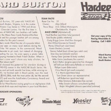 WARD BURTON 1994 HARDEE'S RACING #31 RACE POST CARD 2 BACK