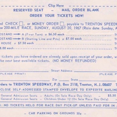 TS04B2  TRENTON  N..J. SPEEDWAY, FIFTH ANNUAL,TRENTON 200 STOCK CAR RACE,SUNDAY,AUGUST 20,1967 BACK COVER OF 4 PAGE FOLD UP BROCHURE