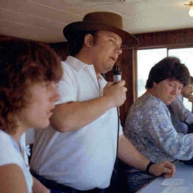 Tom Loughlin Jr at  the microphone in the Baylands Raceway Park Fremont Ca tower.