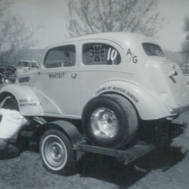 Kenz & Leslie '48 Anglia A/G in pit area of Bonneville Drag Strip