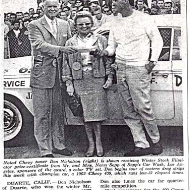 Dyno Don Nicholson Begins Eastern Tour After Winning The 1962 NHRA Winter Nationals.