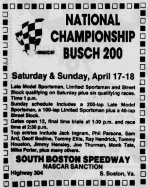 1982 South Boston Busch 200 ad.png