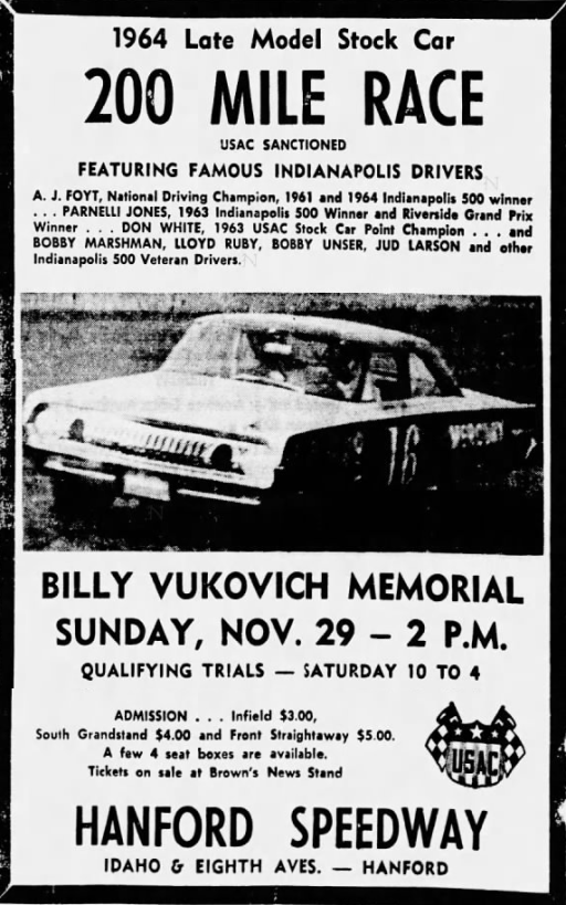 1964 Hanford USAC Vukovich 200 ad 112864HanfordSentinel.png