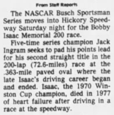1986 Hickory Isaac Memorial promo.png