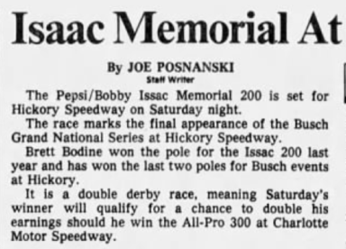 1987 Hickory Isaac Memorial promo.png