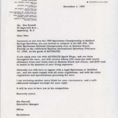 Letter from NASCAR 12/1/1959