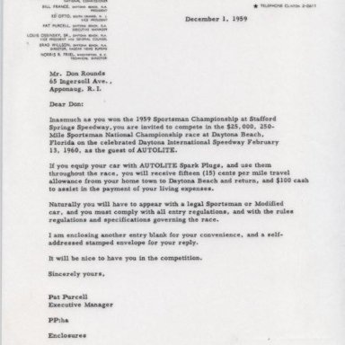 Letter from NASCAR 12/1/1959