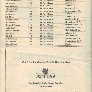 First Martinsville Speedway Program Entry List Page 1