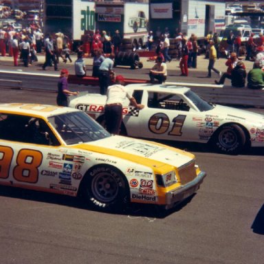 Butch Lindley 01 and Morgan Shepherd 98 at Wilkesboro April 18, 1982