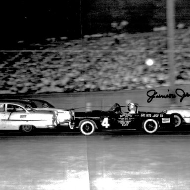Left to right - Jim Reed, Lee Petty, Bill Myers & Junior Johnson at Bowman Gray International Sedan race 1955