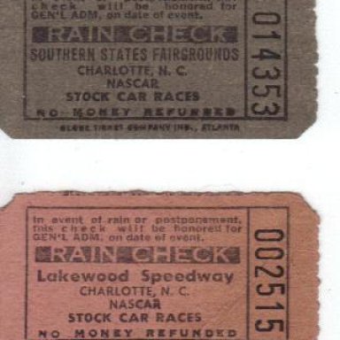 Southern States Fairgrounds And Lakewood Speedway Ticket Stubs