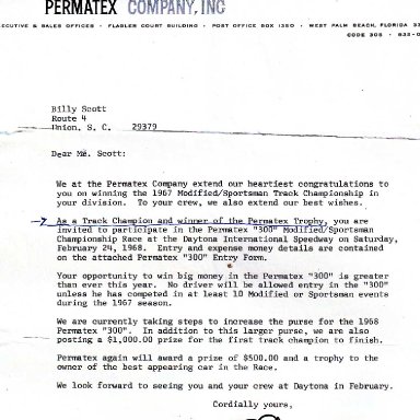 Daytona Permatex 300 Invitation 1968
