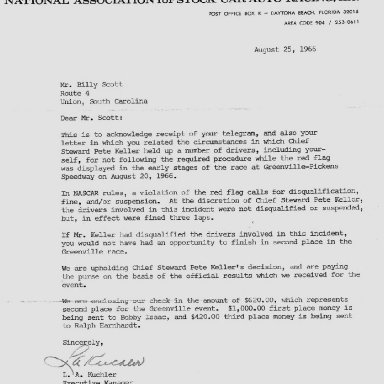 Letter to Billy Scott From Len Kuchler - NASCAR
