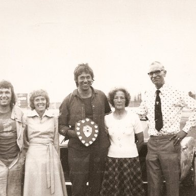 Conrad Self, Lilly Barnes & dave Smith (others unknown). Harry Barnes memorial race organised by the Great Yarmouth Stock car Racing club