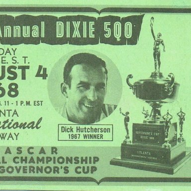 1968 Dixie 500 Race Ticket Featuring Dick Hutcherson