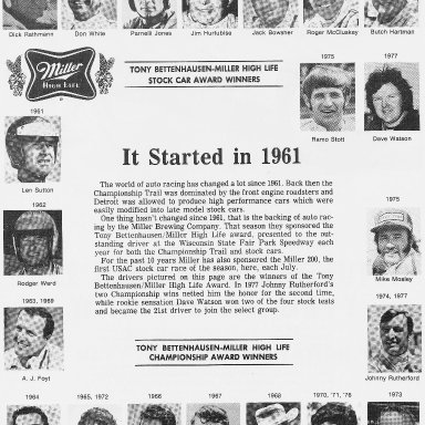 1978 Miller High Life Race Program Winner's List