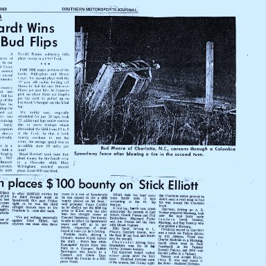 Bud Moore Flips. Earnhardt Wins and Bounty on Stick Elliott 1968