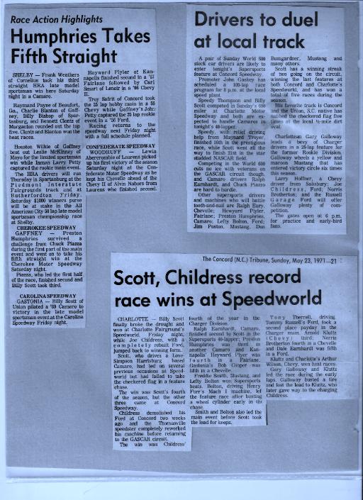 Billy Scott Collects GASCAR'S Speedworld Victory 1970s' - Gallery ...