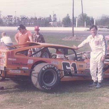 Richie Evans in the Shangri-La pits with his orange Modified #61 in 1983  Fred Smith Photo