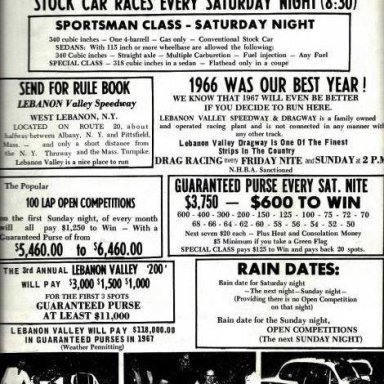 Lebanon Valley Payout Schedule for the 1967 season