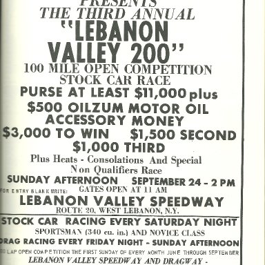 Ad for Lebanon Valley 200, Ny 1967