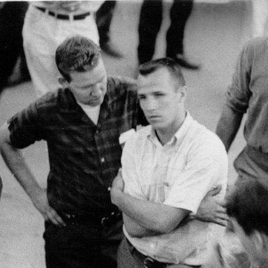 Woody Corbett, Slick Gibbons and Bobby Wilson attend drivers meeting at Sumter Speedway in the '60's.