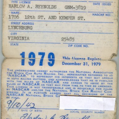 Harlow Nascar License 1979