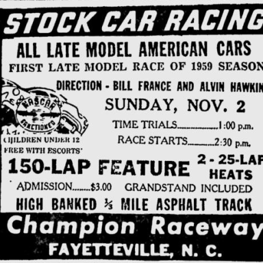 Champion Raceway Ad - November 2, 1958