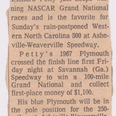 RICHARD PETTY ASHEVILLE STOCK RACE, AUG. 26, 1967 AUTO RACING ARTICLE