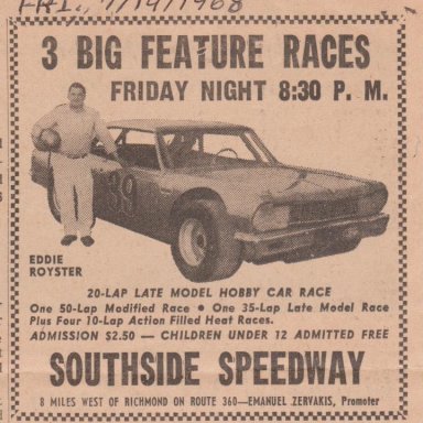 FRIDAY JULY 19,1968 SOUTHSIDE SPEEDWAY ADVERTISEMENT