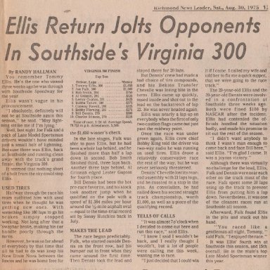 190A  (TERRIBLE TOMMY) ELLIS RETURN (AS GENTLEMAN TOMMY ELLIS) JOLTS OPPONENTS IN SOUTHSIDE'S VIRGINIA 300 BY RANDY HALLMAN RICHMOND NEWS LEADER, SAT., AUG.30,1975