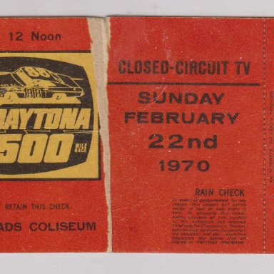 001 DAYTONA 500 MILE RACE, CLOSED-CIRCUIT TV, SUNDAY FEB.22, 1970 HALF-TORN RACE TICKET STUBS, HAMPTON ROADS COLISEUM, HAMPTON,VIRGNIA