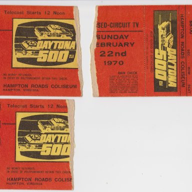 003 DAYTONA 500 MILE RACE, CLOSED-CIRCUIT TV, SUNDAY FEB.22, 1970 HALF-TORN RACE TICKET STUBS, HAMPTON ROADS COLISEUM, HAMPTON,VIRGNIA