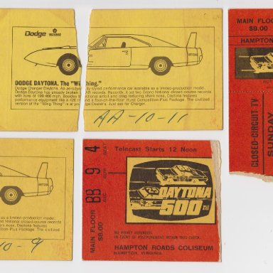 004 DAYTONA 500 MILE RACE, CLOSED-CIRCUIT TV, SUNDAY FEB.22, 1970 TICKET STUBS, HAMPTON ROADS COLISEUM, HAMPTON,VIRGNIA