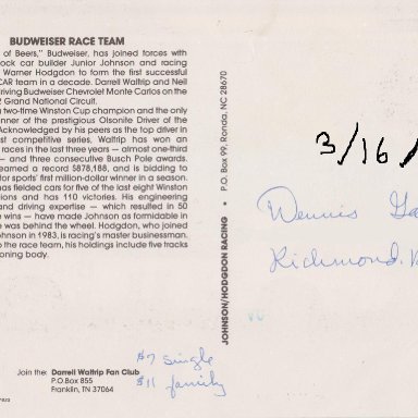 DARRELL WALTRIP #11  BUDWEISER CHEVY 1984 POST CARD 002A  (BACK)