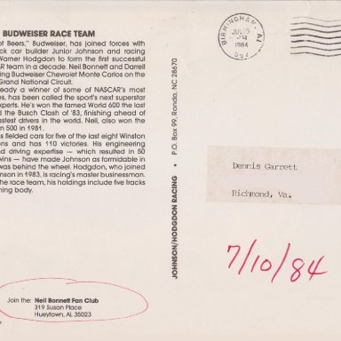 NEIL BONNETT #12 BUDWEISER CHEVY 1984 AUTOGRAPH POST CARD 002 (F