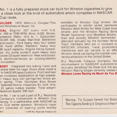 WINSTON NUMBER 1 SHOW CAR 1976 MERCURY COUGAR POST CARD OO5B REAR