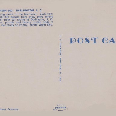 1962 SOUTHERN 500, DARLINGTON RACEWAY, S.C. POST CARD BACK