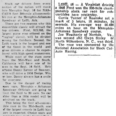 September 16, 1956 Memphis Arkansas Speedway