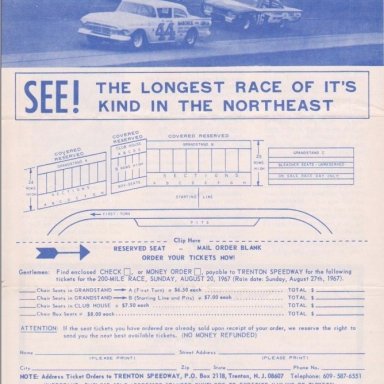 TS04  TRENTON  N..J. SPEEDWAY, FIFTH ANNUAL,TRENTON 200 STOCK CAR RACE,SUNDAY,AUGUST 20,1967 BACK COVER OF 4 PAGE FOLD UP BROCHURE