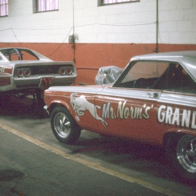 Mr. Norm 1968 funny car and 1965 AFX in the shop